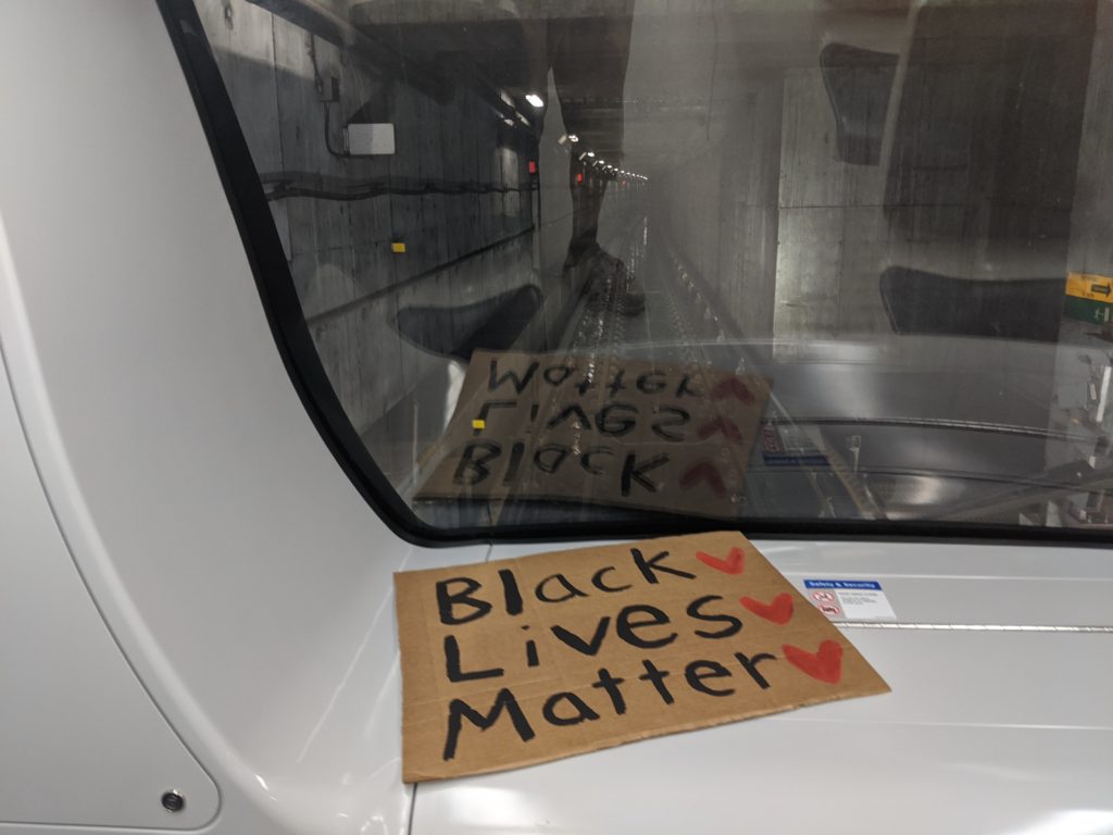 BlackLivesMatter sign on the Vancouver area Skytrain Canada Line